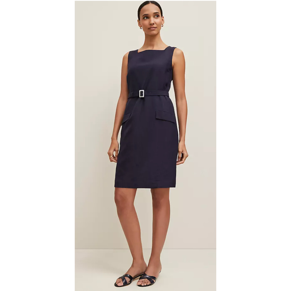 NWT ANN TAYLOR NIGHT SKY LINEN BLEND SQUARE NECK BELTED SHEATH DRESS 6P 6 PETITE